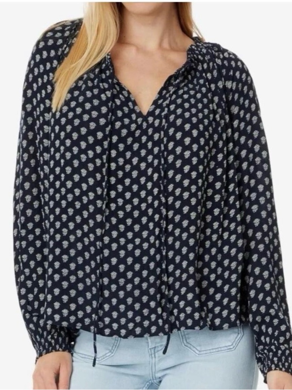 Faherty navy blue white block print long sleeve Peasant Blouse top shirt XL